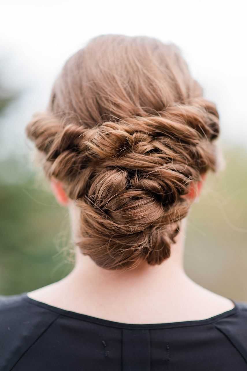 Elegant braided updo hairstyle on a woman, shown from the back.